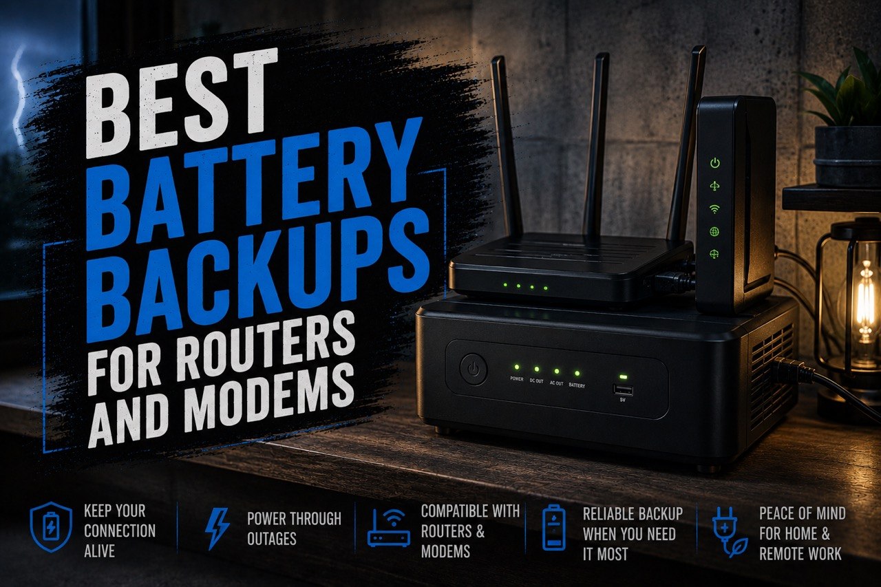 Router and modem sitting on battery backup gear with a bold battery-backups buying-guide graphic