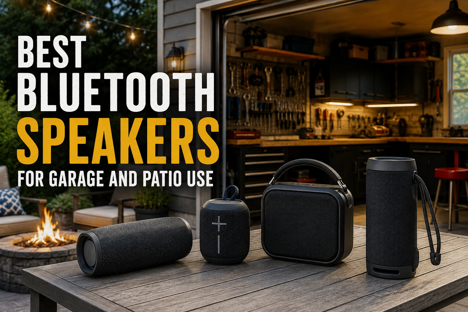 Portable Bluetooth speakers on a patio table beside an open garage workshop, with outdoor seating, warm lights, and the headline Best Bluetooth Speakers for Garage and Patio Use.