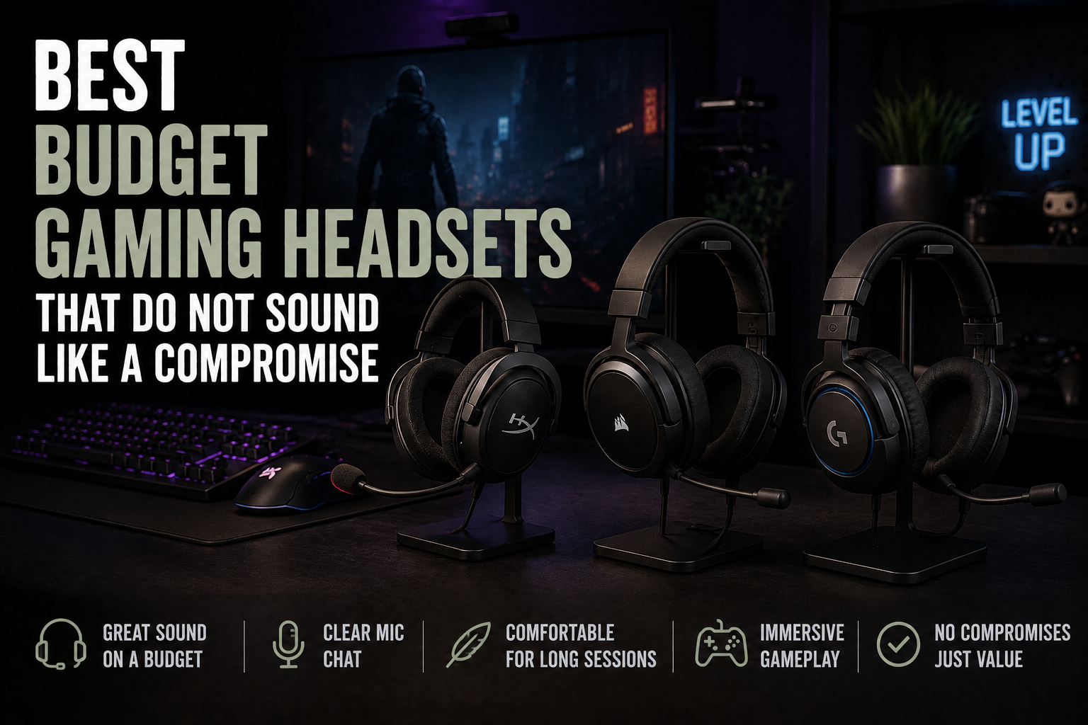 Budget gaming headsets displayed on a dark gaming desk with a monitor, keyboard, and moody lighting, with the headline Best Budget Gaming Headsets That Do Not Sound Like a Compromise.