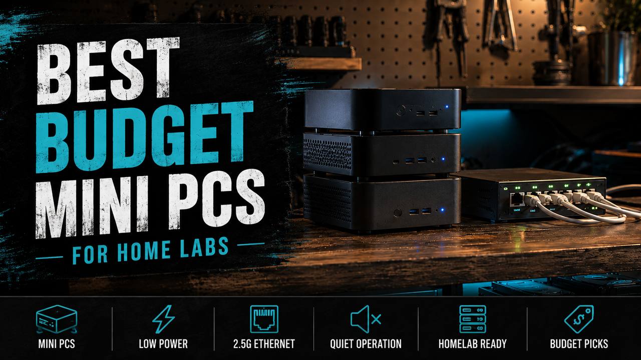 Compact home lab shelf with mini PCs, an Ethernet switch, short patch cables, and soft status lights.