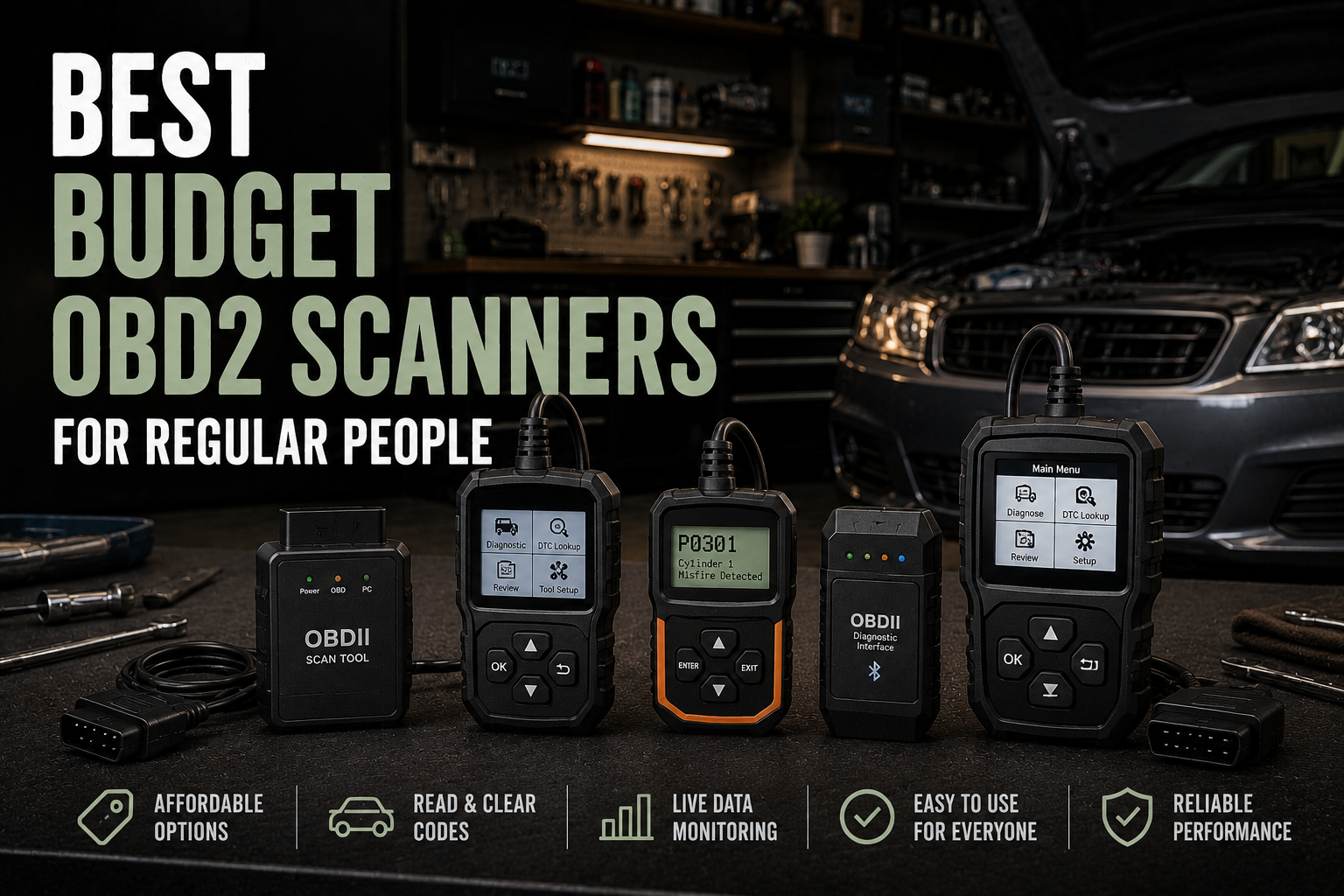 Budget OBD2 scanners displayed on a garage workbench beside a car with an open hood, with the headline Best Budget OBD2 Scanners for Regular People.
