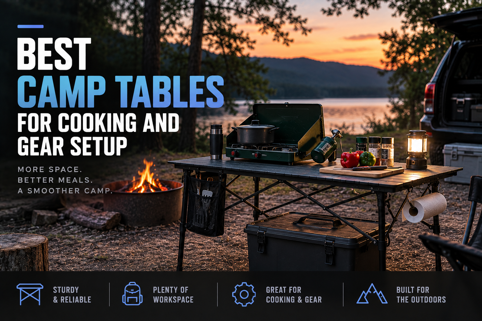 Camp table set up for cooking and gear beside a lakeside campsite at sunset, with a stove, cookware, lantern, storage bin, and the headline Best Camp Tables for Cooking and Gear Setup.