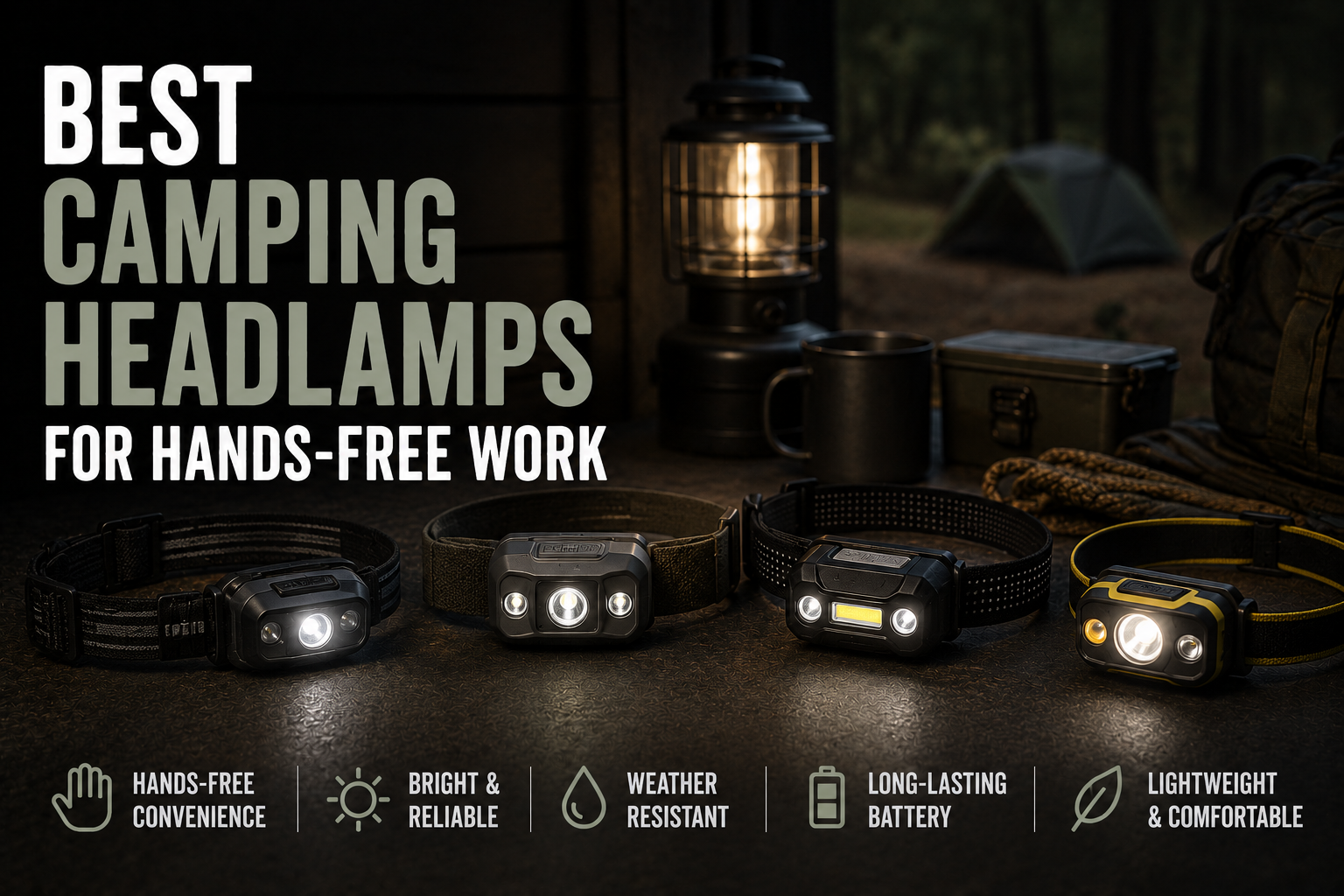 Camping headlamps displayed on outdoor gear beside a lantern and campsite, with the headline Best Camping Headlamps for Hands-Free Work.