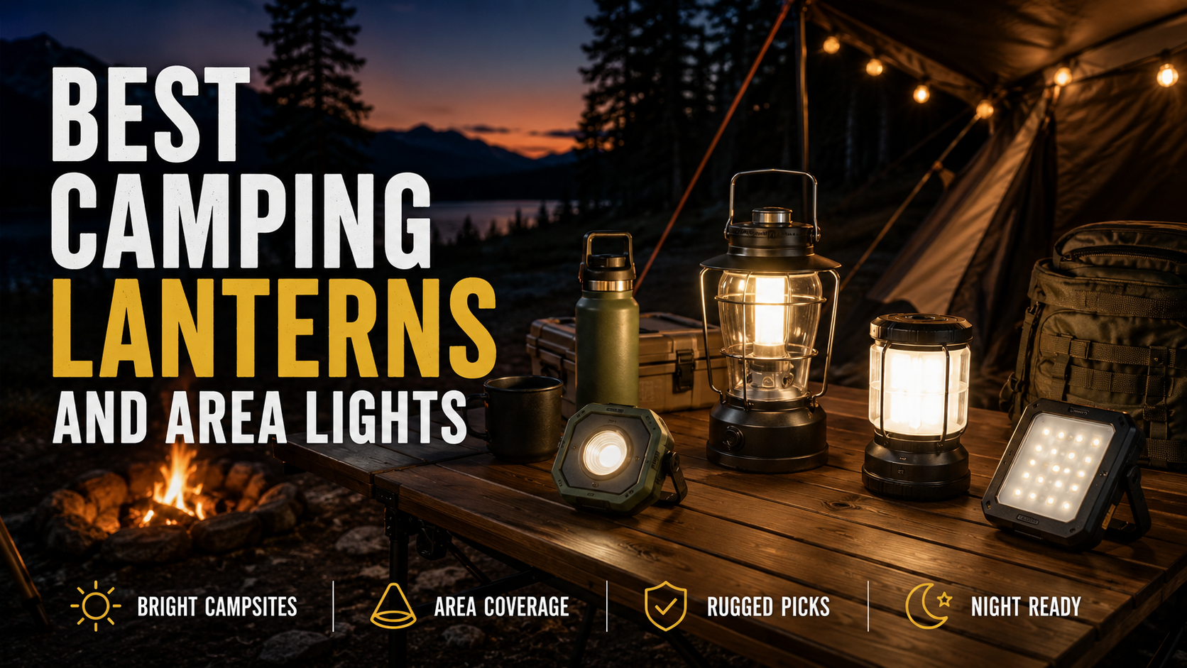 Camping lanterns and area lights glowing on a campsite table beside a tent and campfire at dusk.