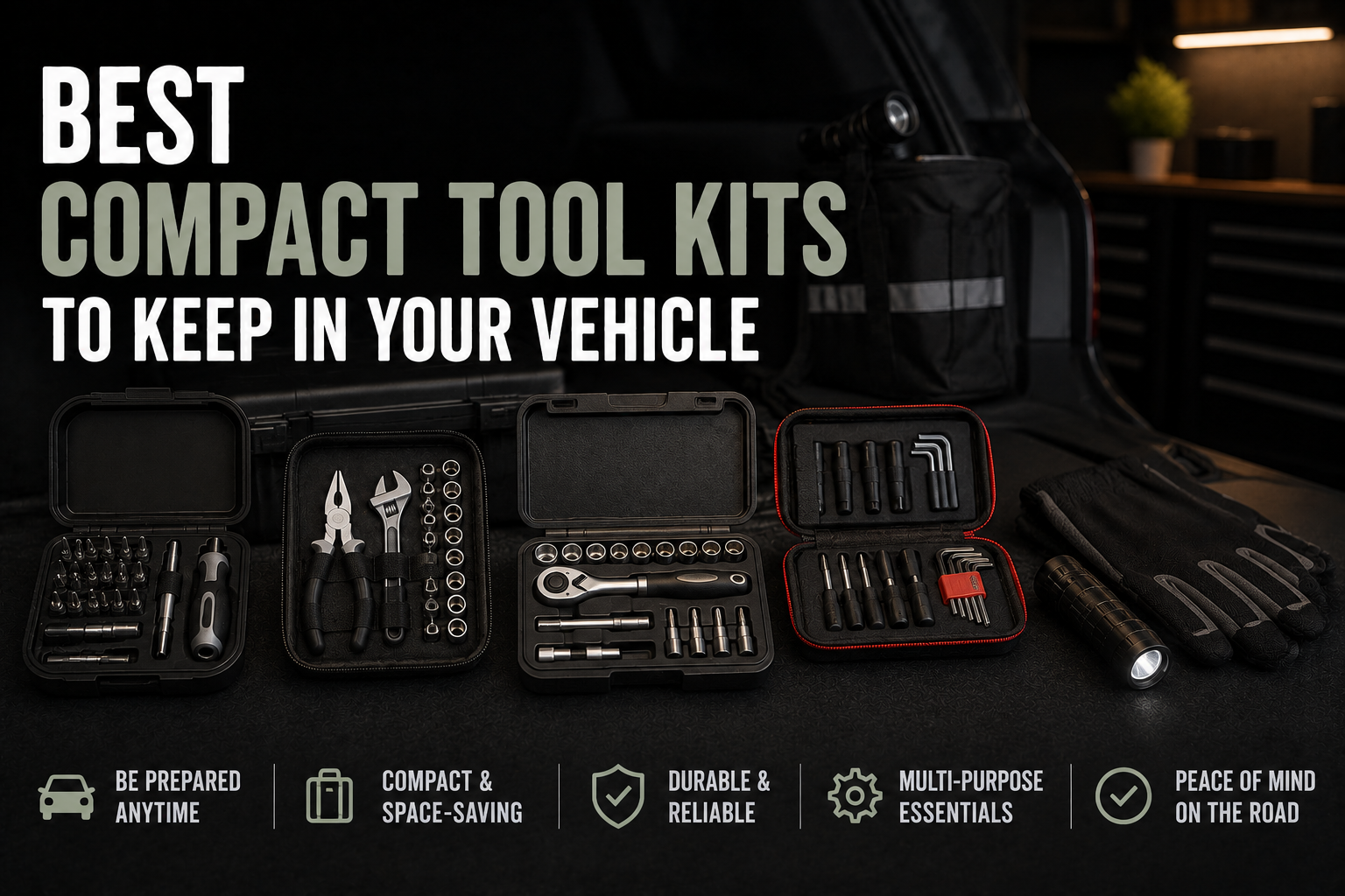 Compact vehicle tool kits arranged in an open car trunk with gloves, sockets, wrenches, and a flashlight, with the headline Best Compact Tool Kits to Keep in Your Vehicle.