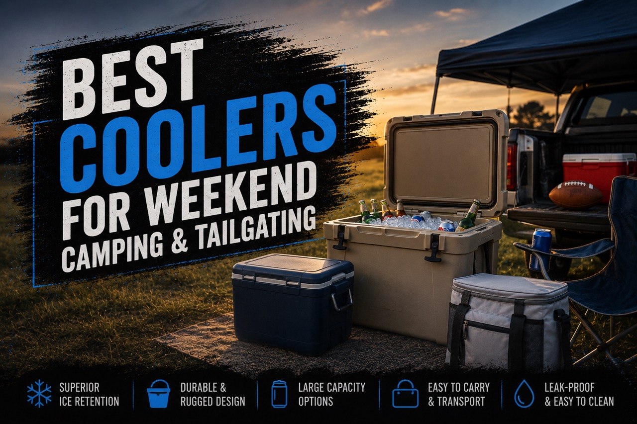 Three hard coolers lined up outdoors beside folding camp chairs and an open pickup tailgate in warm late-afternoon light.