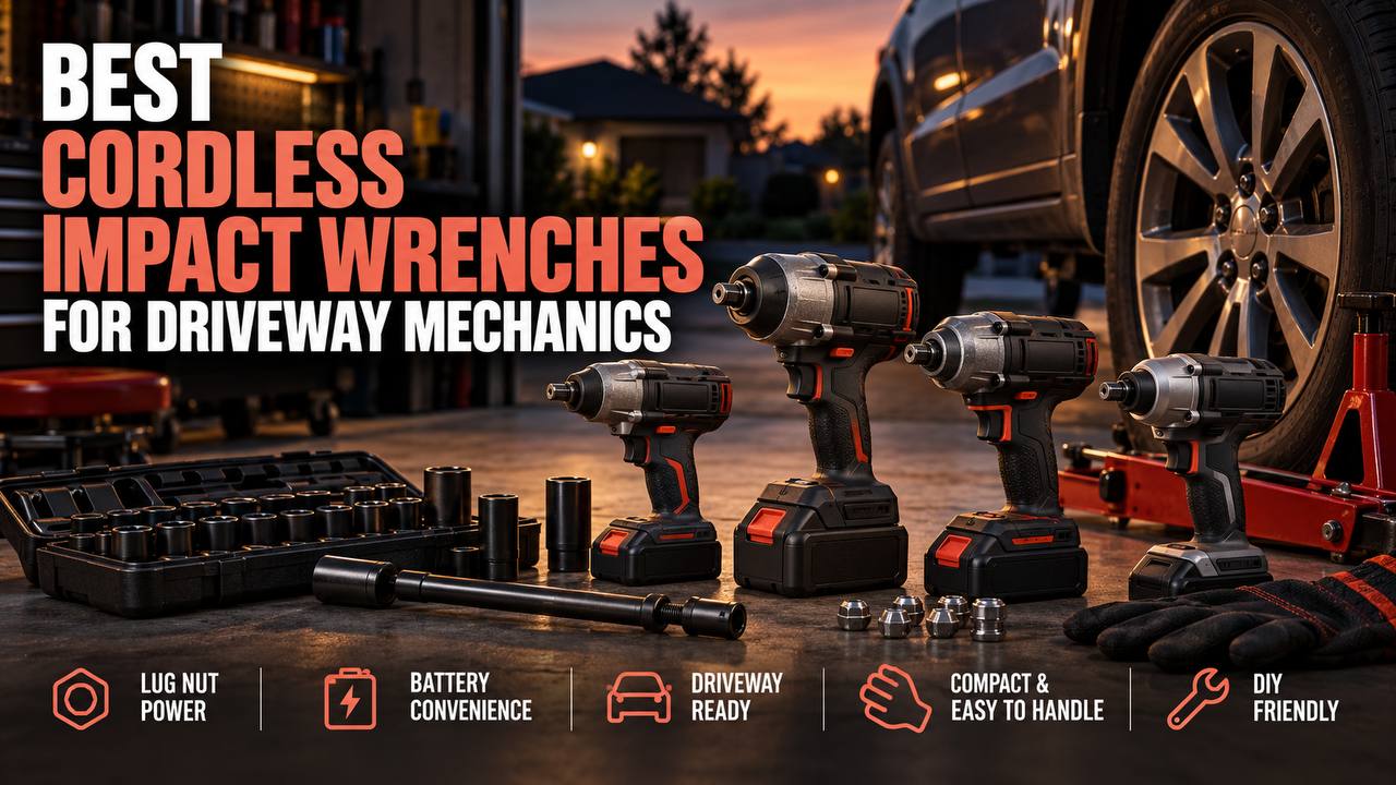 Four cordless impact wrenches arranged with sockets and lug nuts beside a raised vehicle wheel in a driveway at sunset.