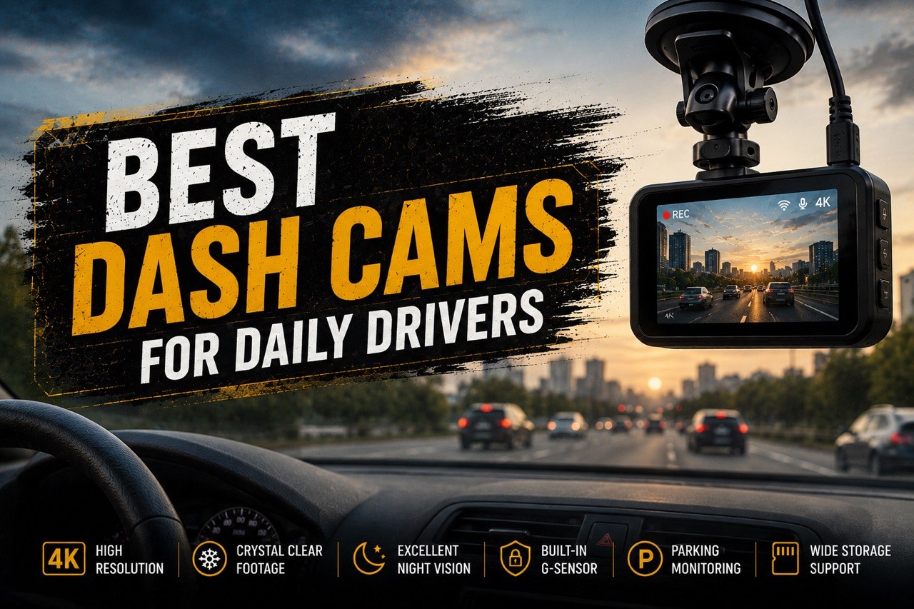 Dash cam mounted inside a vehicle for a daily-driver buying guide.
