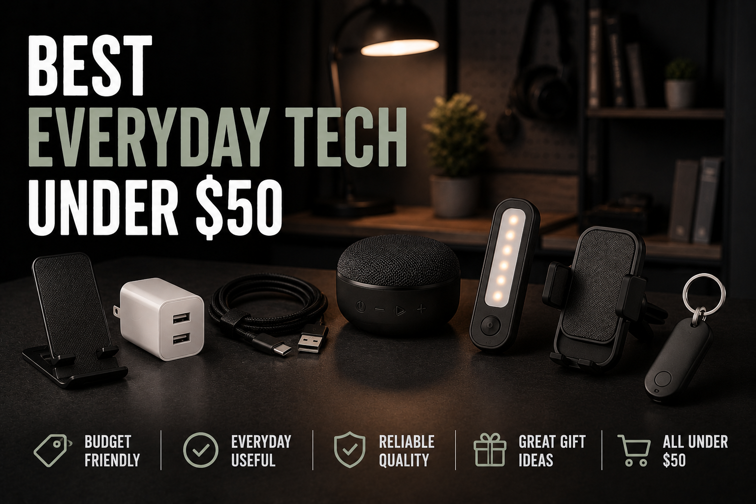 Affordable everyday tech gadgets displayed on a dark desk, including chargers, cables, lights, stands, and small accessories, with the headline Best Everyday Tech Under $50.
