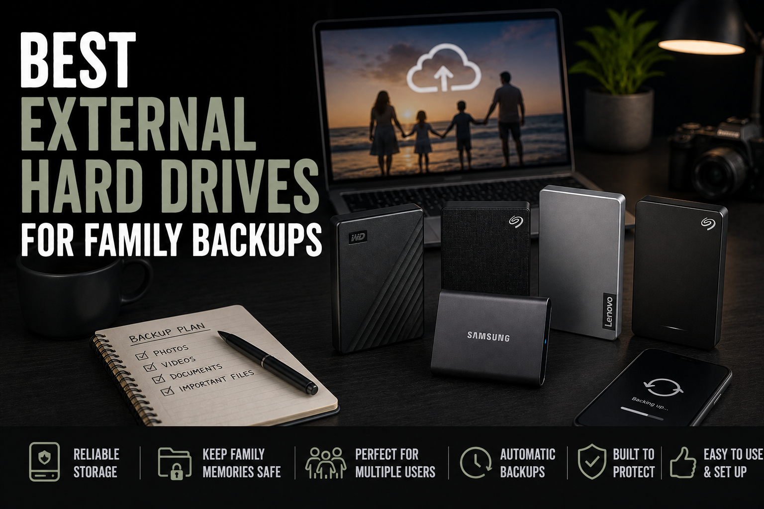 External hard drives displayed on a dark desk beside a laptop showing family photos, a backup checklist, and the headline Best External Hard Drives for Family Backups.