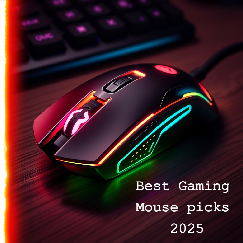 RGB gaming mouse with colorful lights on a wooden desk, near a keyboard. Text reads: Best Gaming Mouse picks 2025.