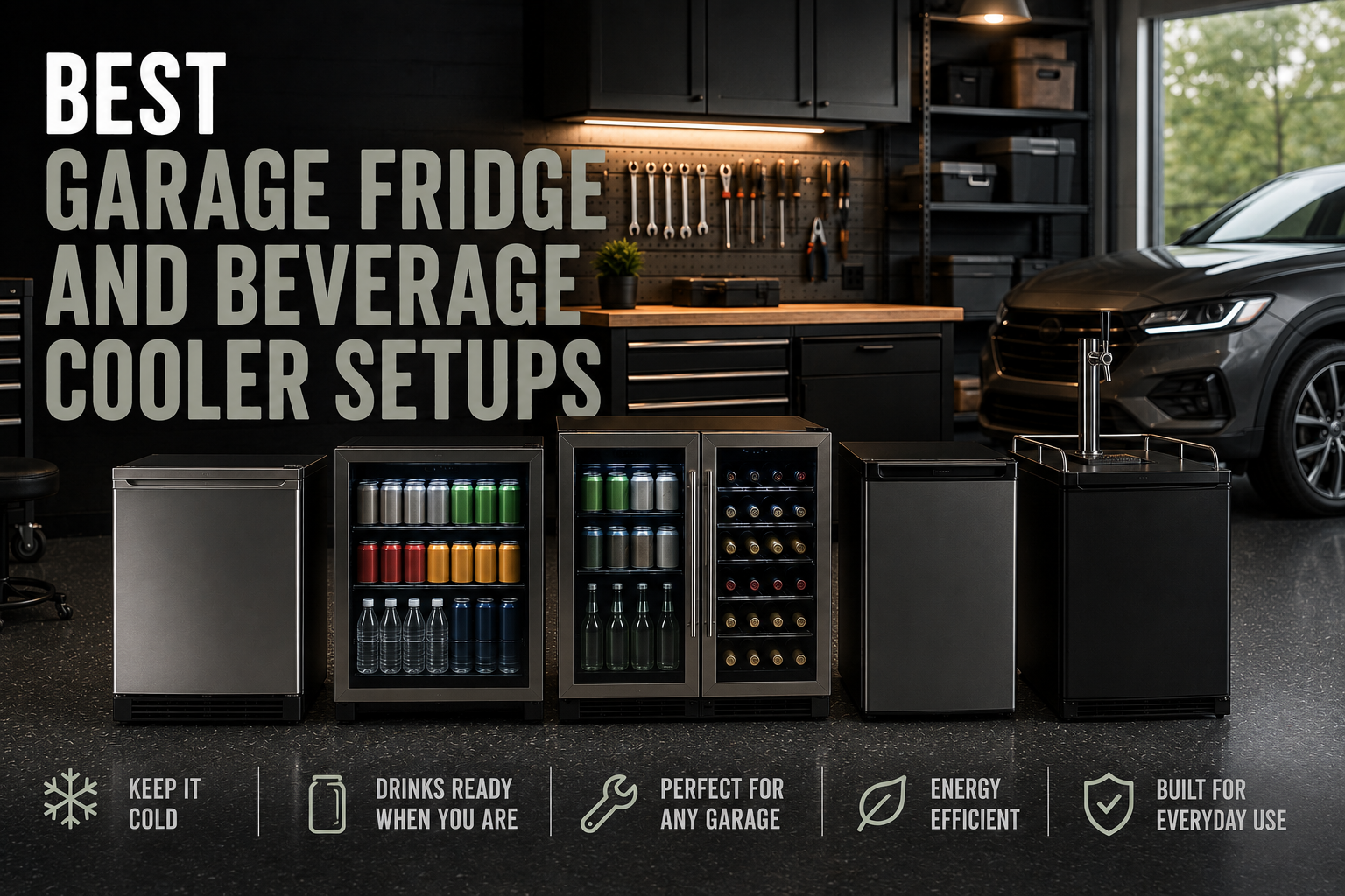 Garage fridges and beverage coolers displayed in a modern garage beside a workbench and generic car, with the headline Best Garage Fridge and Beverage Cooler Setups.