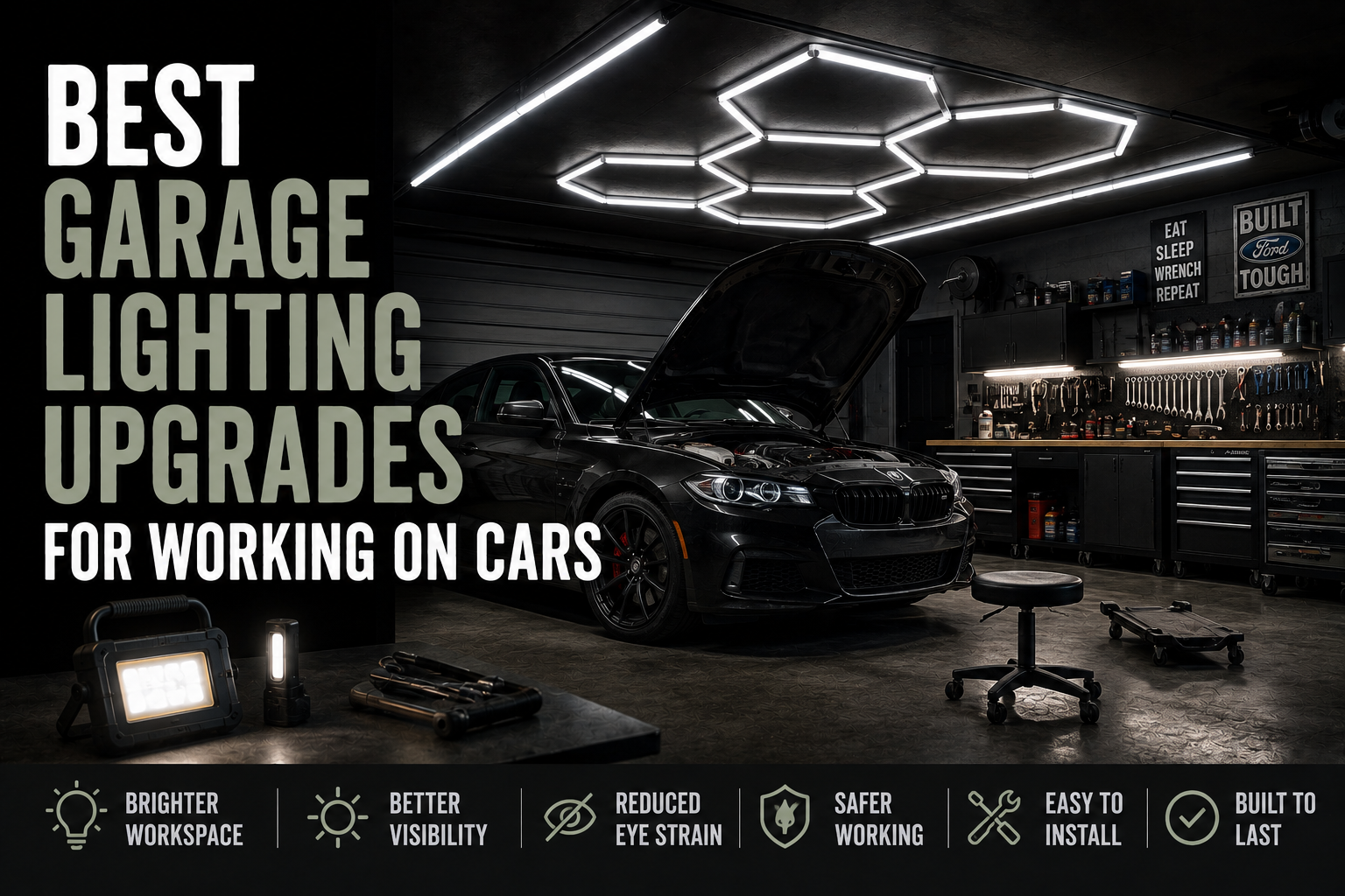 Garage lighting upgrades shown above a car with an open hood in a dark workshop, with work lights, tools, and the headline Best Garage Lighting Upgrades for Working on Cars.