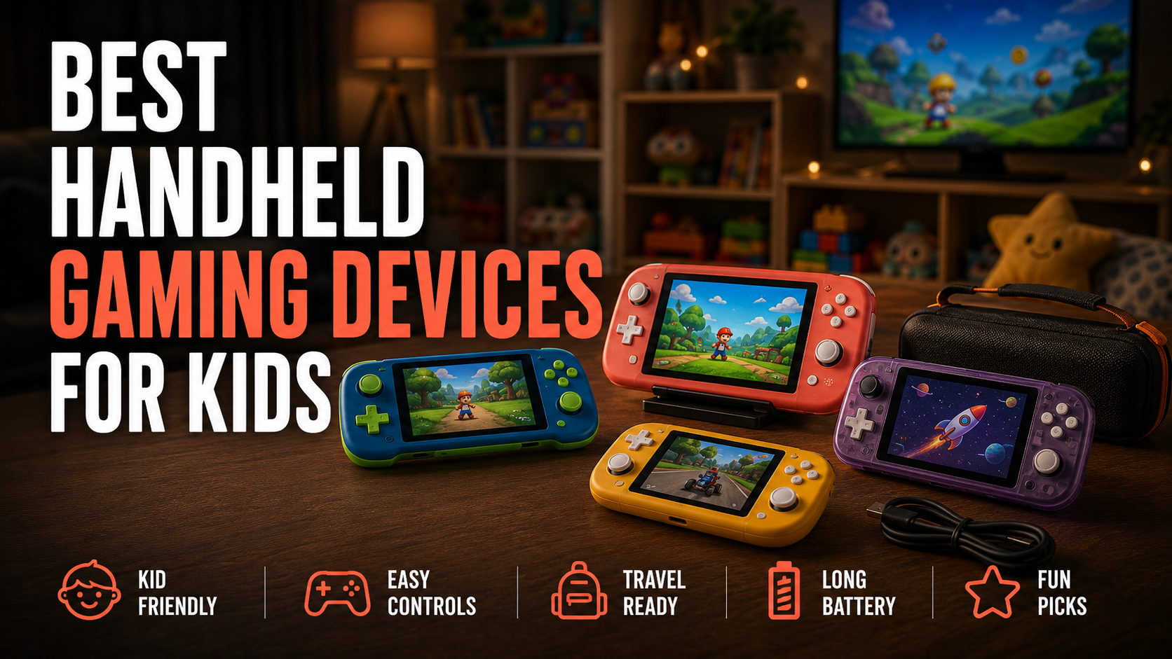 Colorful handheld gaming devices displayed in a cozy kids’ room, with the headline Best Handheld Gaming Devices for Kids.