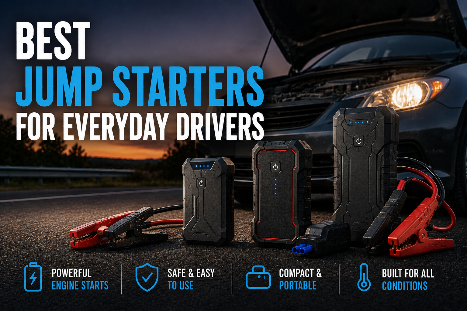 Portable jump starters and jumper clamps on the road beside a car with an open hood at sunset, with the headline Best Jump Starters for Everyday Drivers.