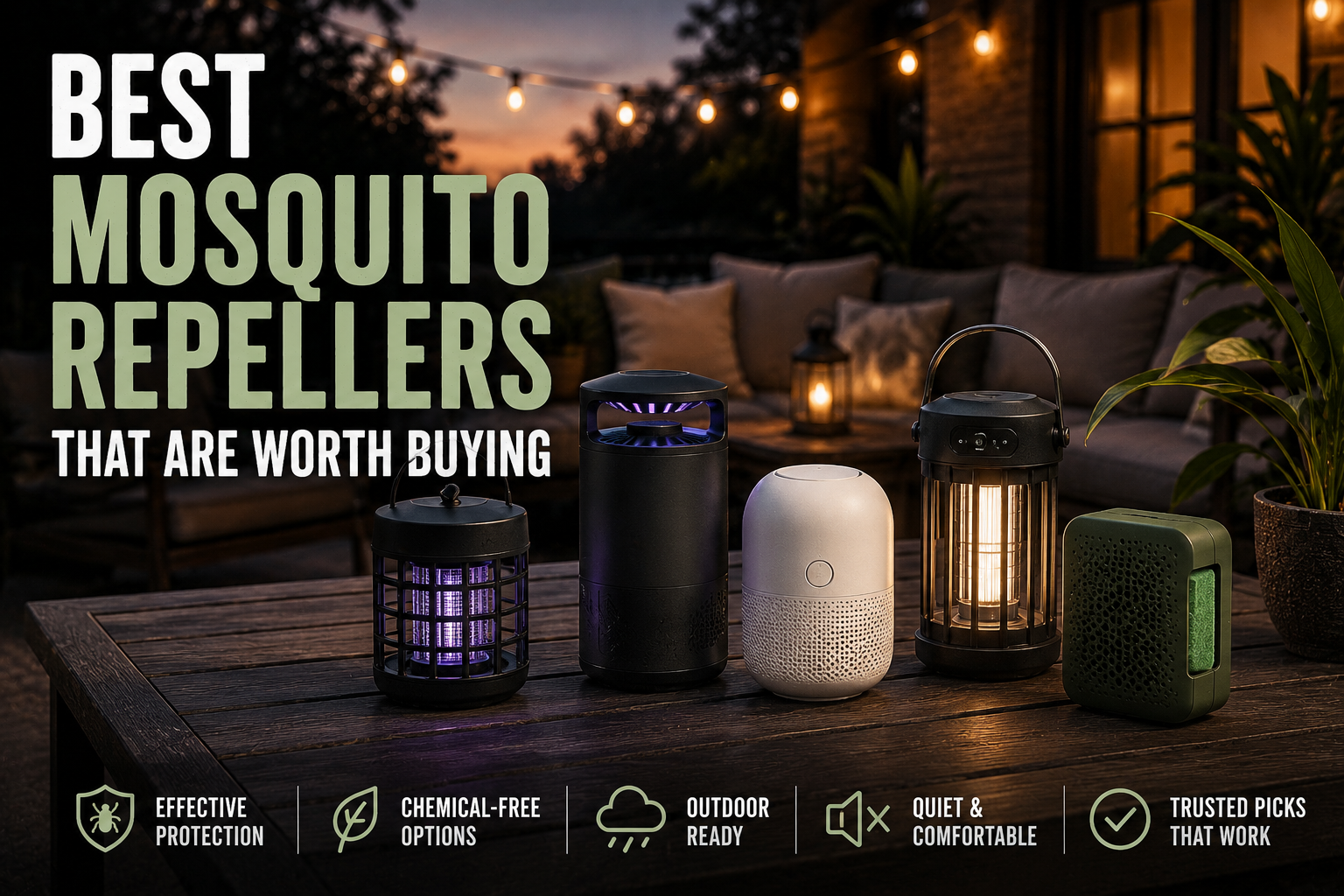 Mosquito repellers displayed on a patio table at dusk with outdoor seating, string lights, and the headline Best Mosquito Repellers That Are Worth Buying.