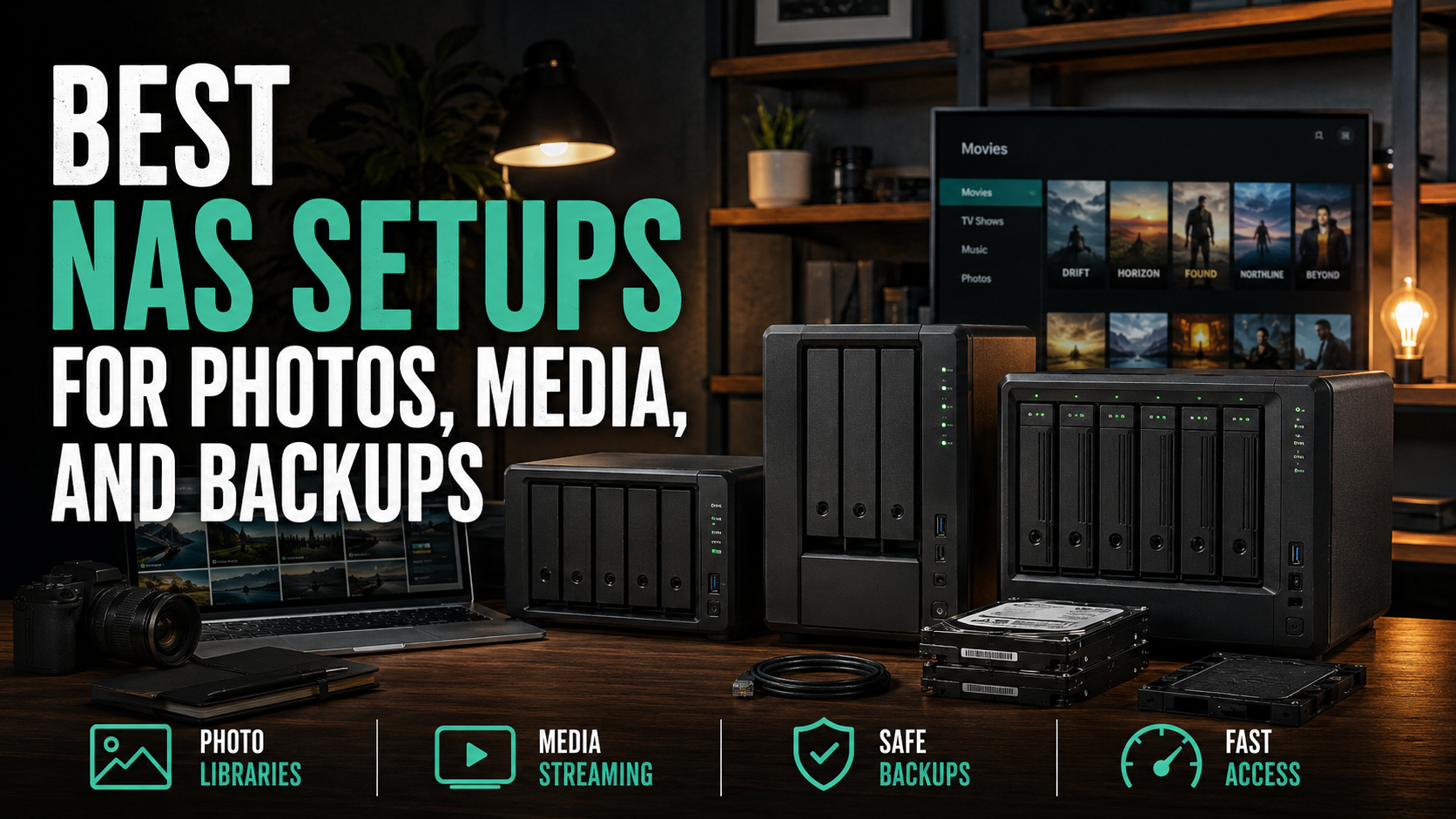 NAS storage devices on a desk beside a laptop, camera, hard drives, and media screen, with the headline Best NAS Setups for Photos, Media, and Backups.