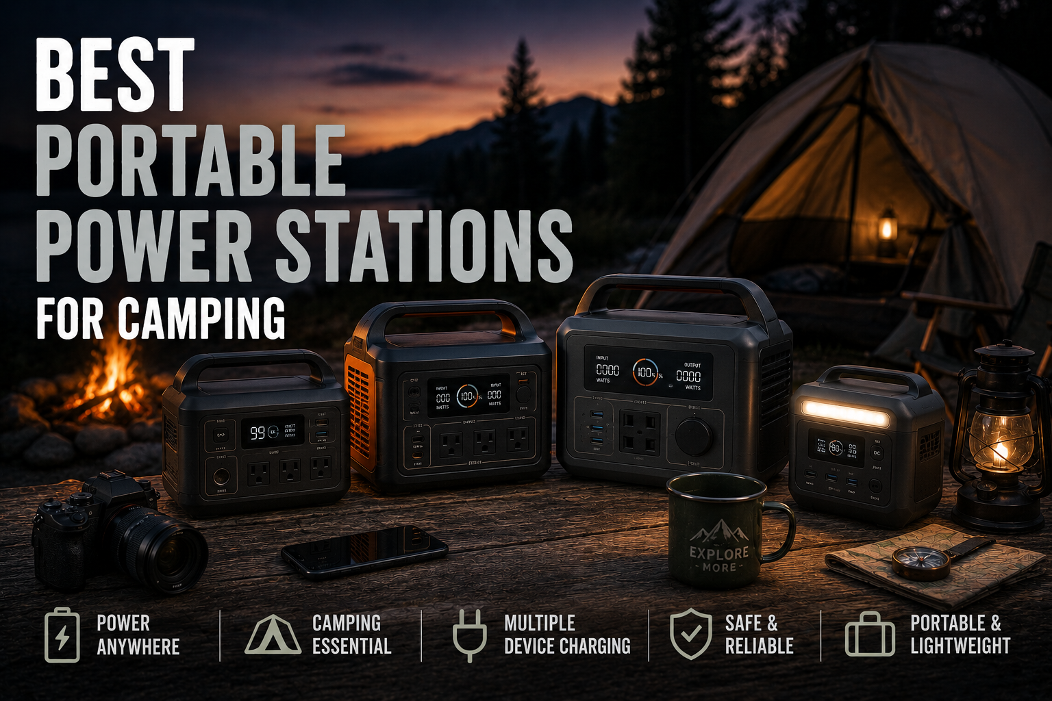 Portable power stations displayed on a camping table beside a tent, campfire, lantern, and outdoor gear, with the headline Best Portable Power Stations for Camping.
