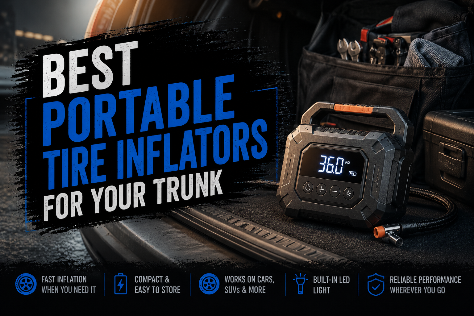 Portable tire inflator sitting in an open vehicle trunk beside a tool bag, with bold guide text for the best portable tire inflators.