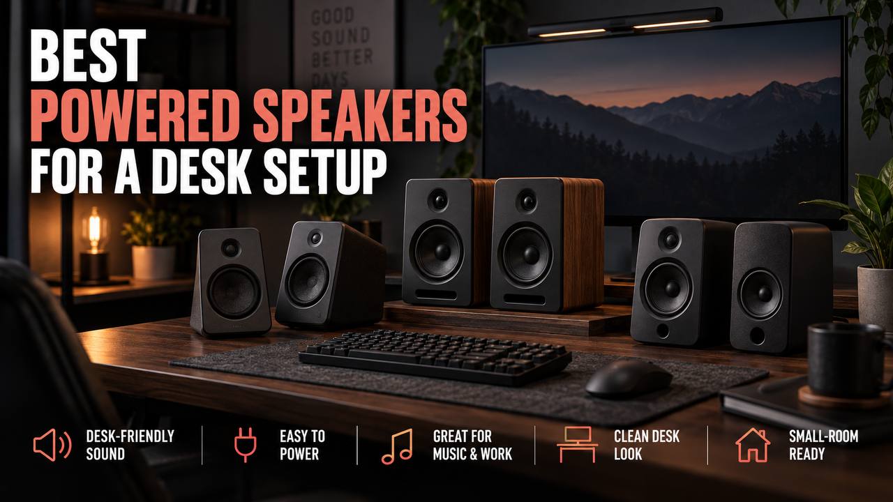 Powered speakers arranged on a desk in front of a computer monitor, keyboard, and mouse, with the headline Best Powered Speakers for a Desk Setup.
