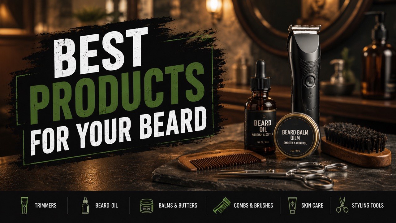 Beard care products lined up on a bathroom counter with a sink and mirror in the background.