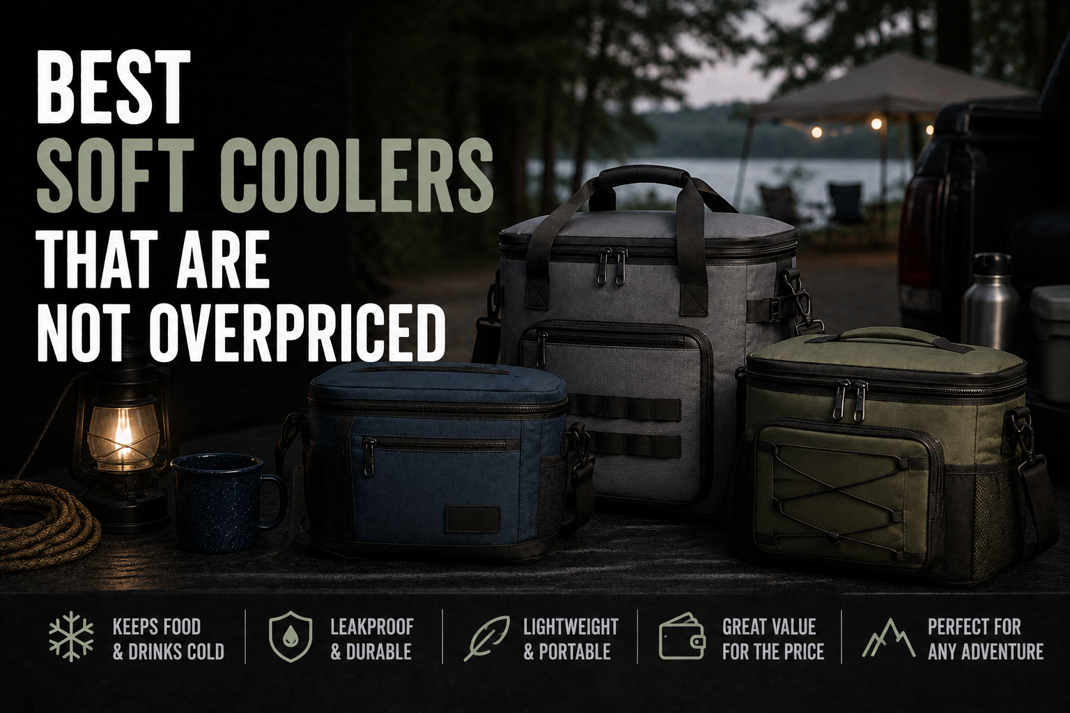 Soft coolers displayed on a tailgate at a lakeside campsite with outdoor gear, lantern light, and the headline Best Soft Coolers That Are Not Overpriced.