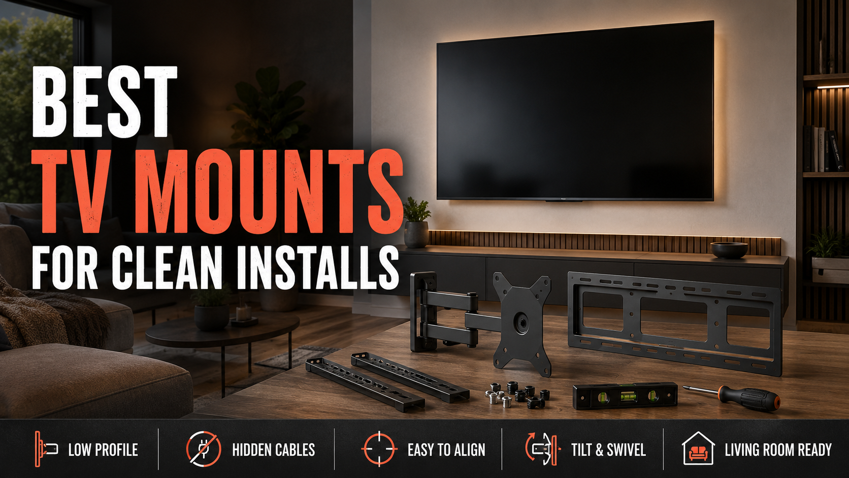 TV wall mounts and installation hardware displayed in a modern living room beneath a cleanly mounted television, with the headline Best TV Mounts for Clean Installs.