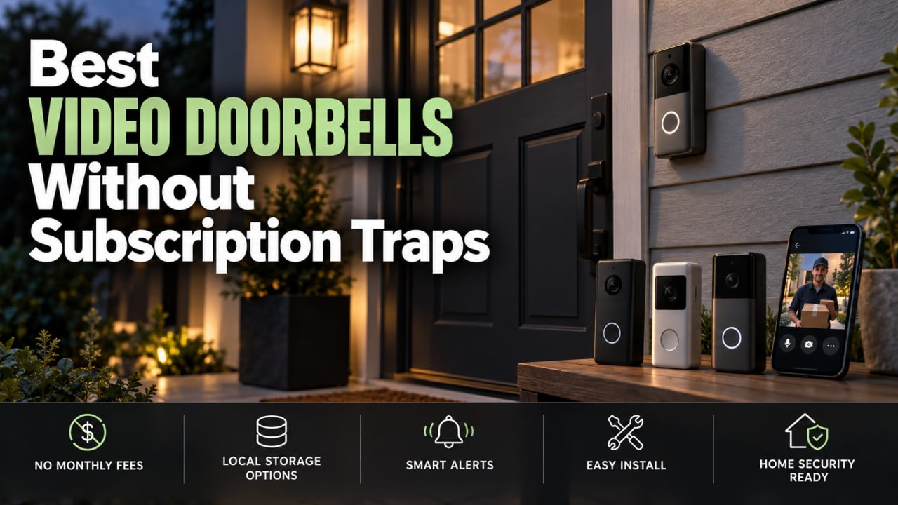 Best video doorbells without subscription traps: video doorbells beside a front door and a phone showing a delivery visitor, with icons for no monthly fees, local storage, smart alerts, easy installation, and home security.