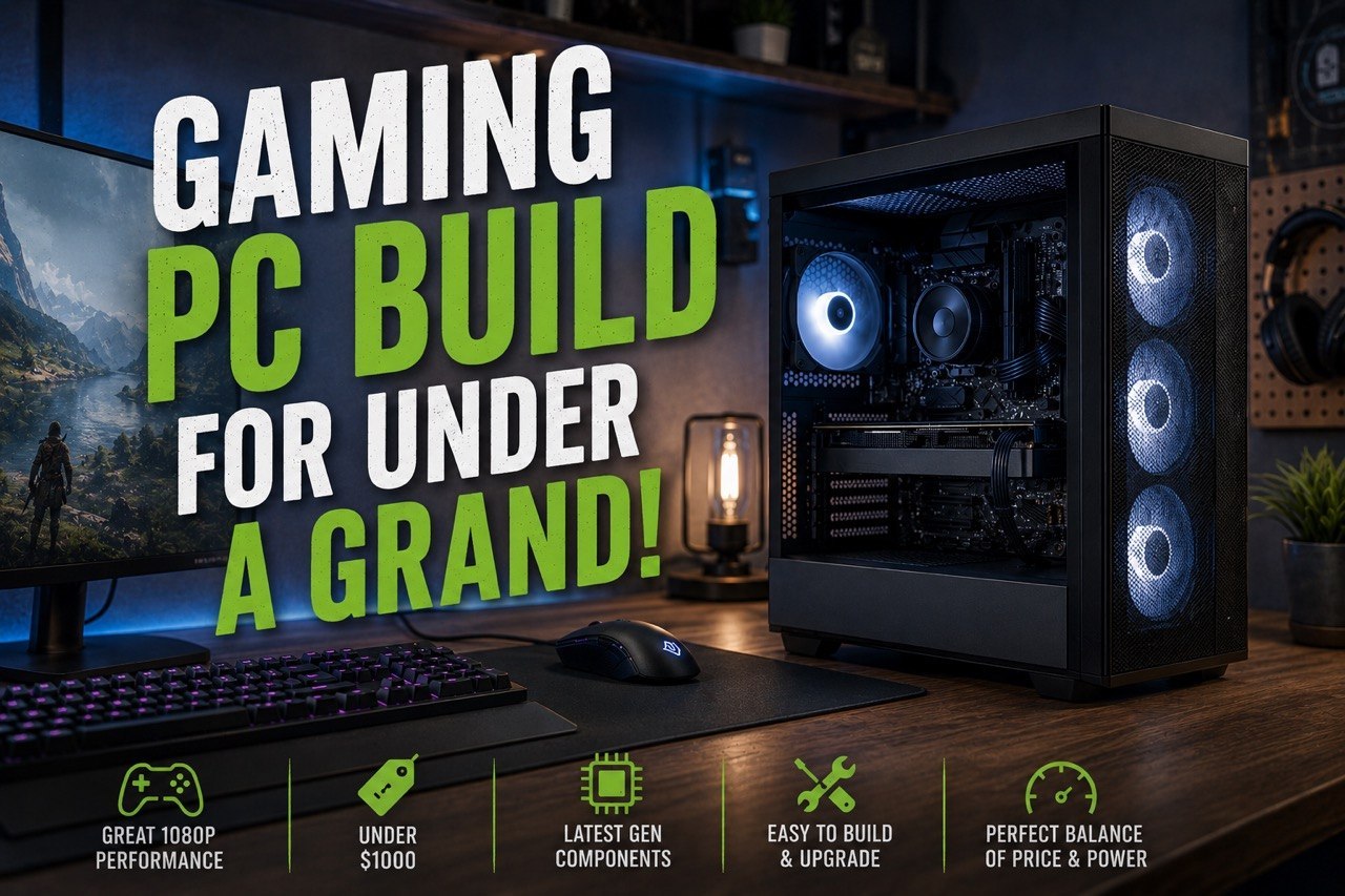 Gaming PC build for under a grand with a clean black case, RGB fans, and a monitor setup.