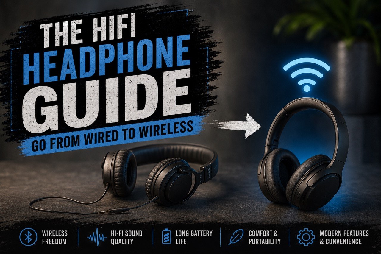 Red headphones with a cut wire, scissors beside them. Text reads "Go wireless with this headphone guide," on a white background. Musical note icon.