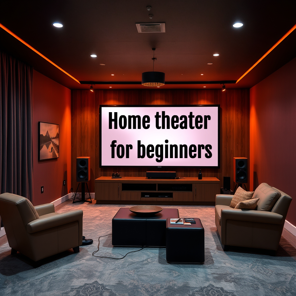 Cozy home theater with modern decor, large screen displaying "Home theater for beginners." Warm lighting, brown sofas, gray carpet.