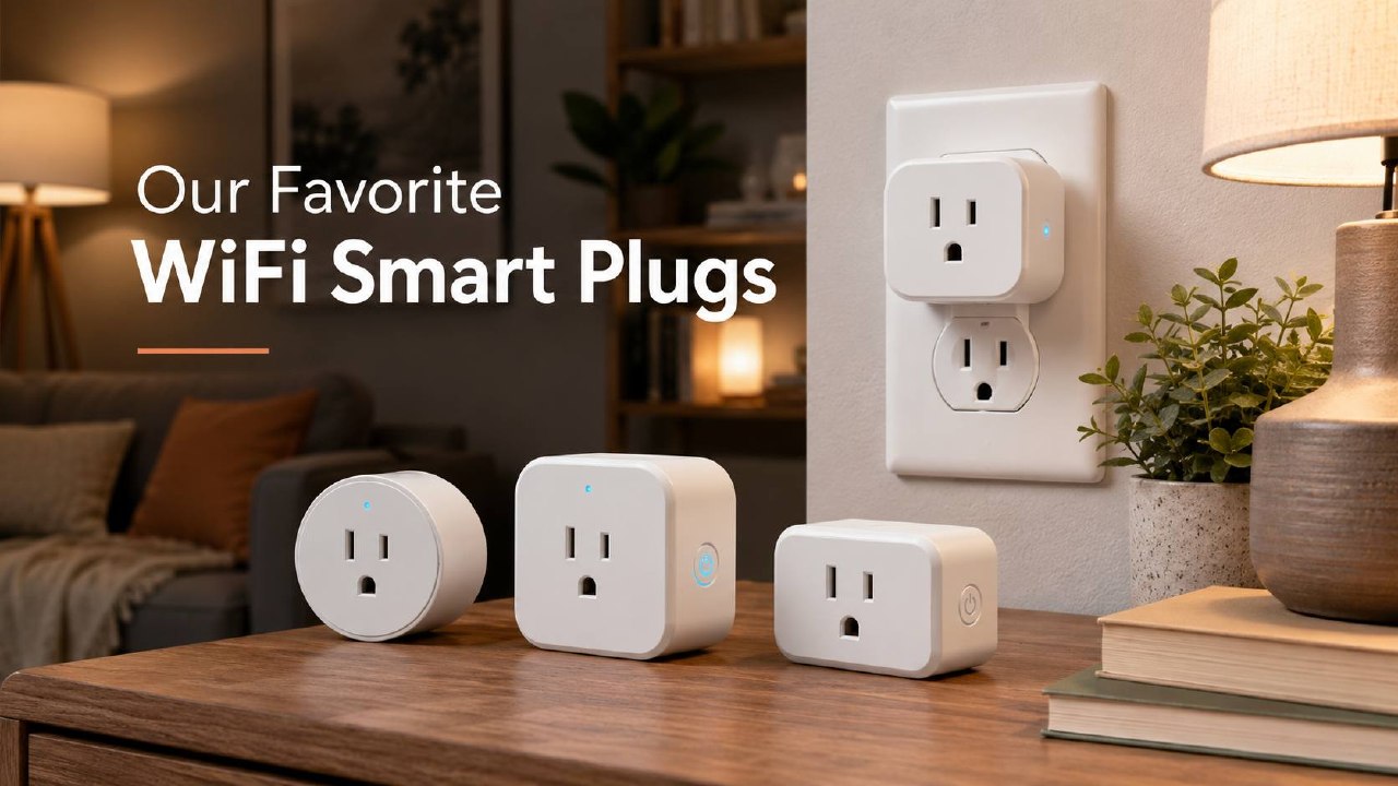 Smart plugs on a table in a cozy room with one plugged into a wall outlet and headline text Our Favorite WiFi Smart Plugs.