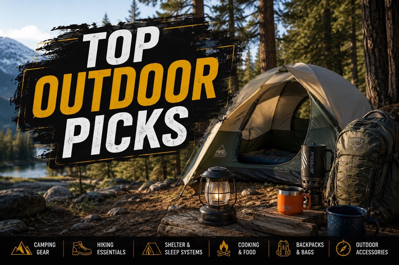 Top outdoor gear picks hero image with a rugged camping and trail vibe.